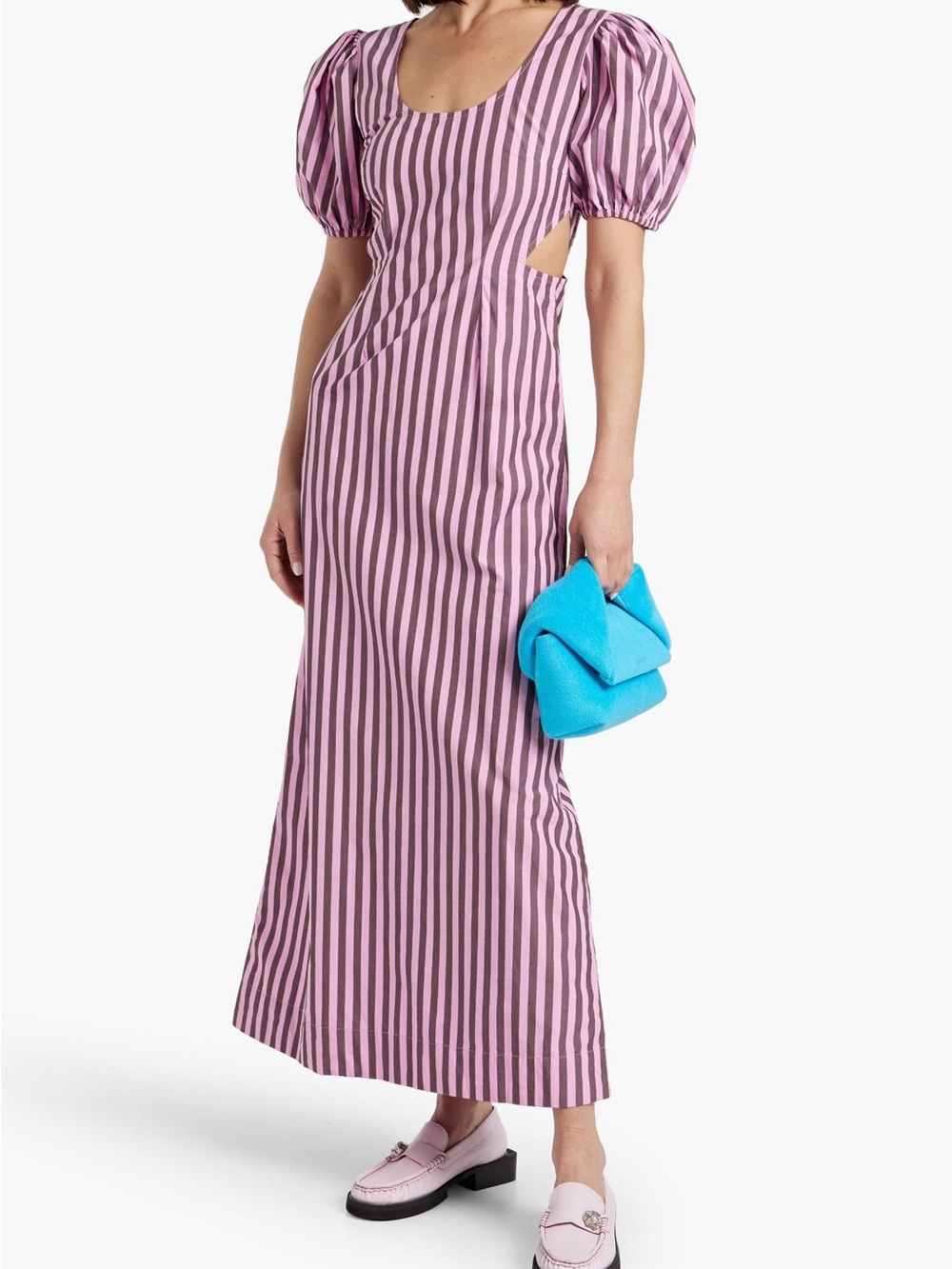 Ganni Pink and Brown Vertical-Stripe Puff-Sleeve Maxi Dress - Picture 2 of 5
